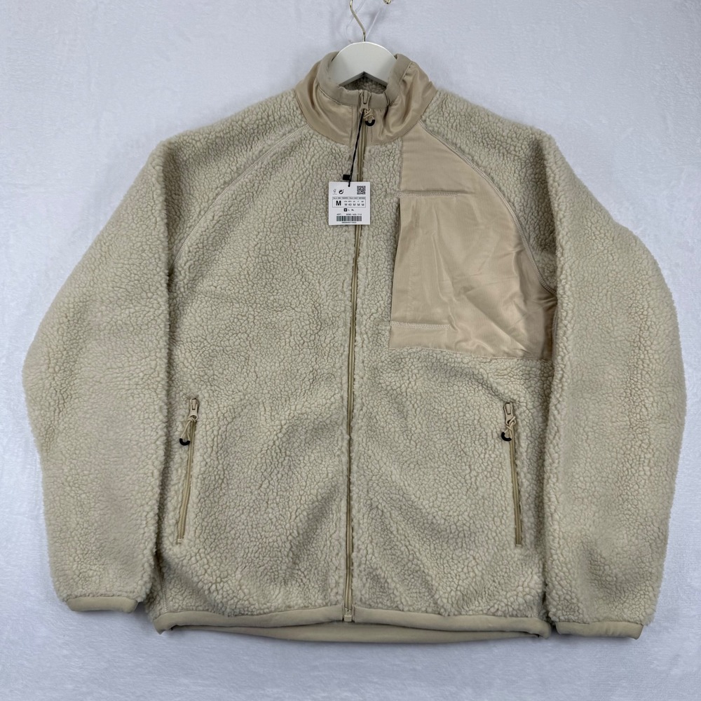 ZARA Sherpa Fleece Jacket Beige Full Zip Pockets Mock Neck Women's M‎